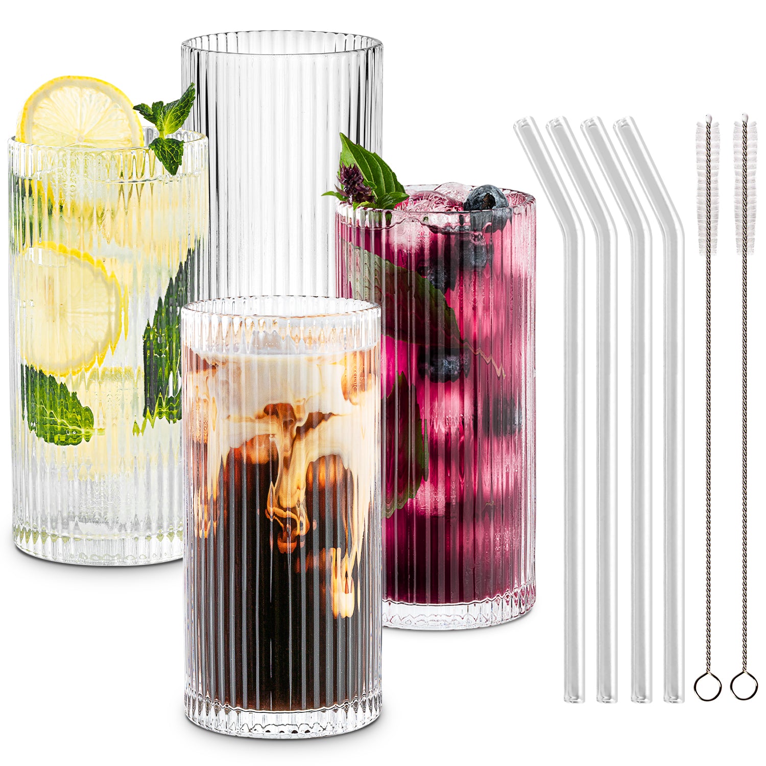 4pcs Clear Glass Cup With Straw & Lid Set