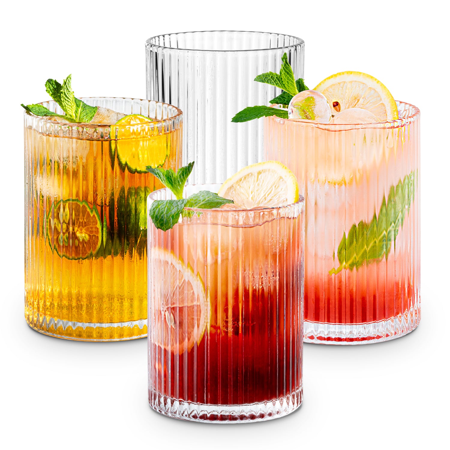 Ribbed Drinking Glasses With Glass Straws 4pcs Set, For Coocktail, Whiskey,  Beer, Water
