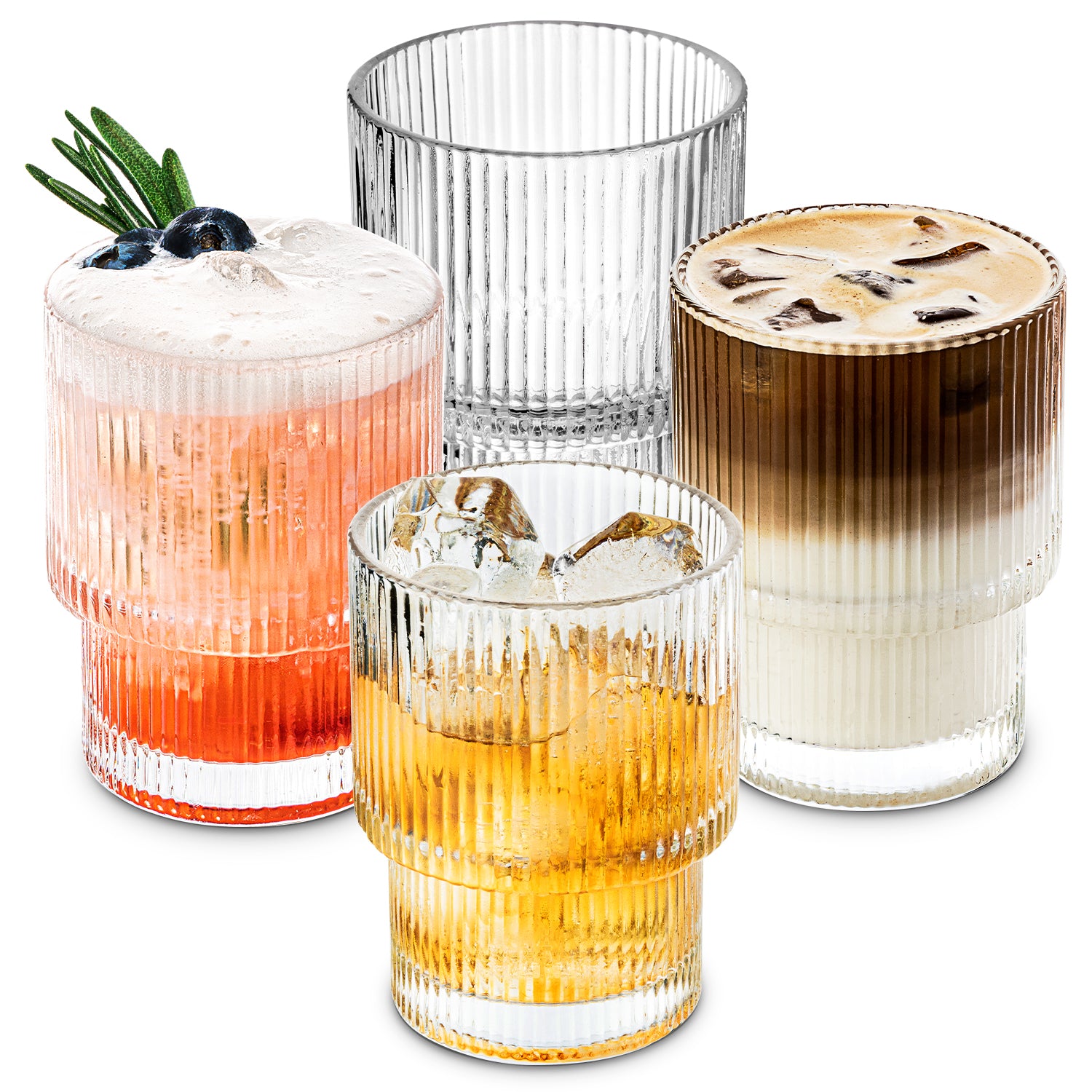 Glass Cups Set of 4, Combler Ribbed Glassware 15 oz, Ribbed Drinking Glasses,  Ribbed Glasses, Fluted Glassware for Whiskey, Cocktail Beer Iced Coffee Tea  Wine Gifts Halloween 