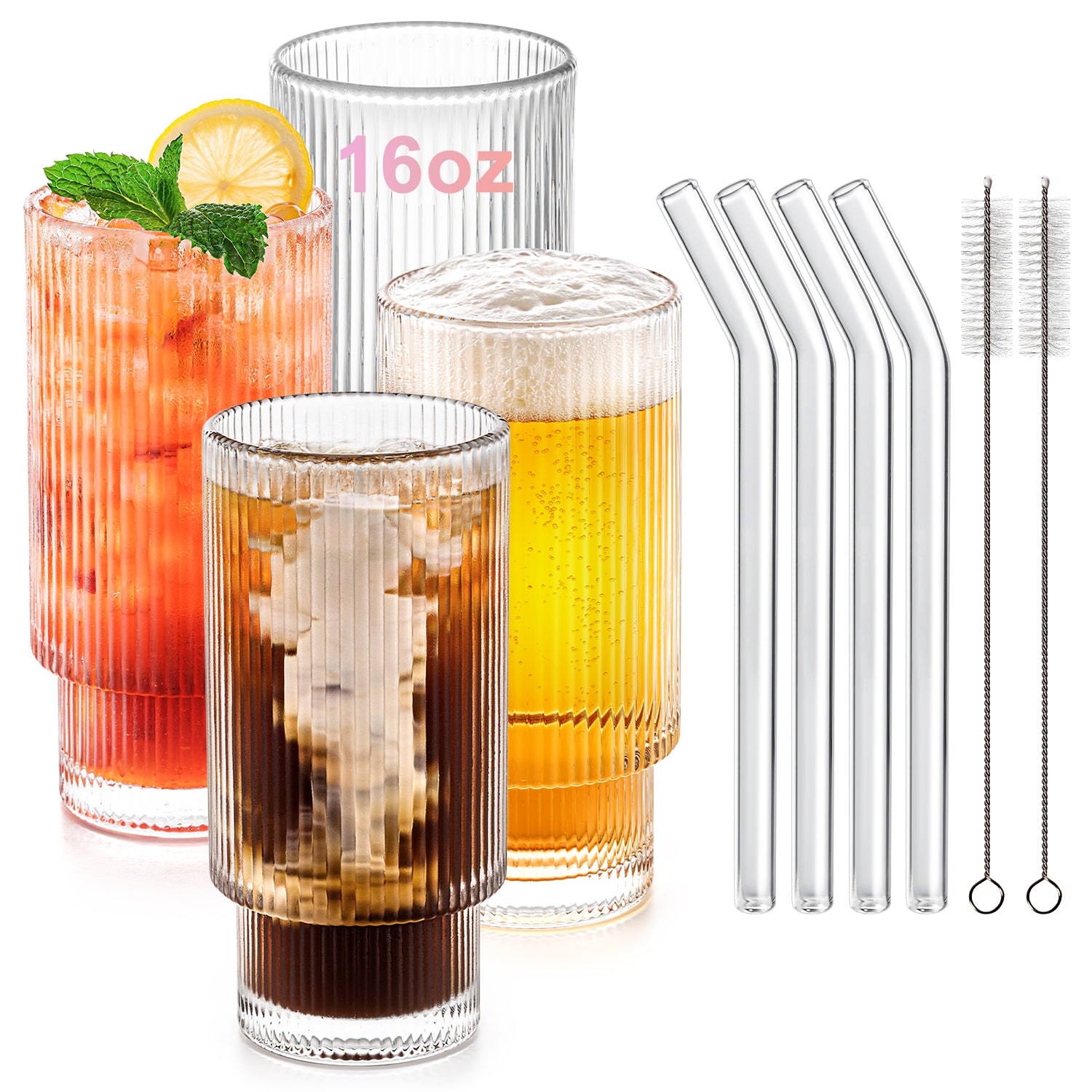 Highball Glasses, Combler 12-Ounce Clear Tall Drinking Glasses for  Cocktail, Juice, Ribbed Glassware, Water Glass Cups with Heavy Base, 4 Pack